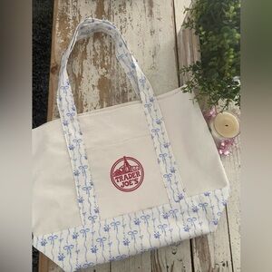 Custom Trader Joe's White and Blue Bow Tote Shopping Bag